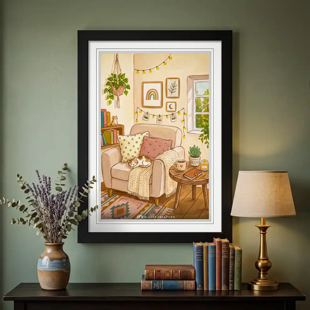 Boho Cozy Reading Corner Cat Wall Painting Frame 9x13