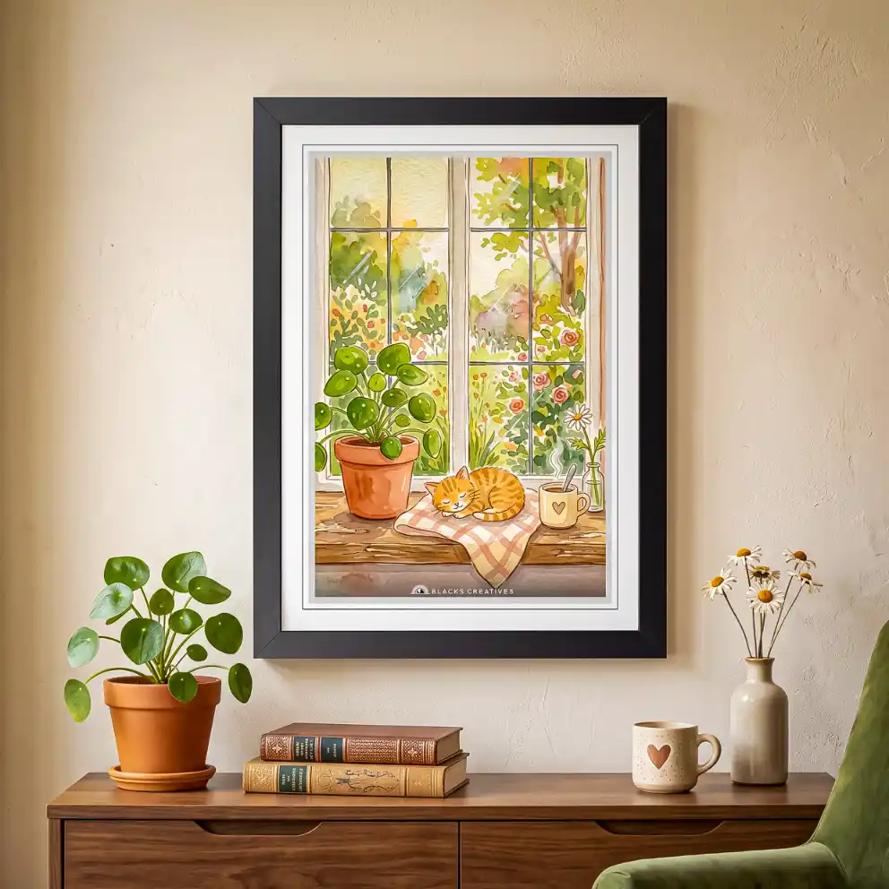 Watercolor Windowsill Cat Garden View Wall Painting Frame 9x13