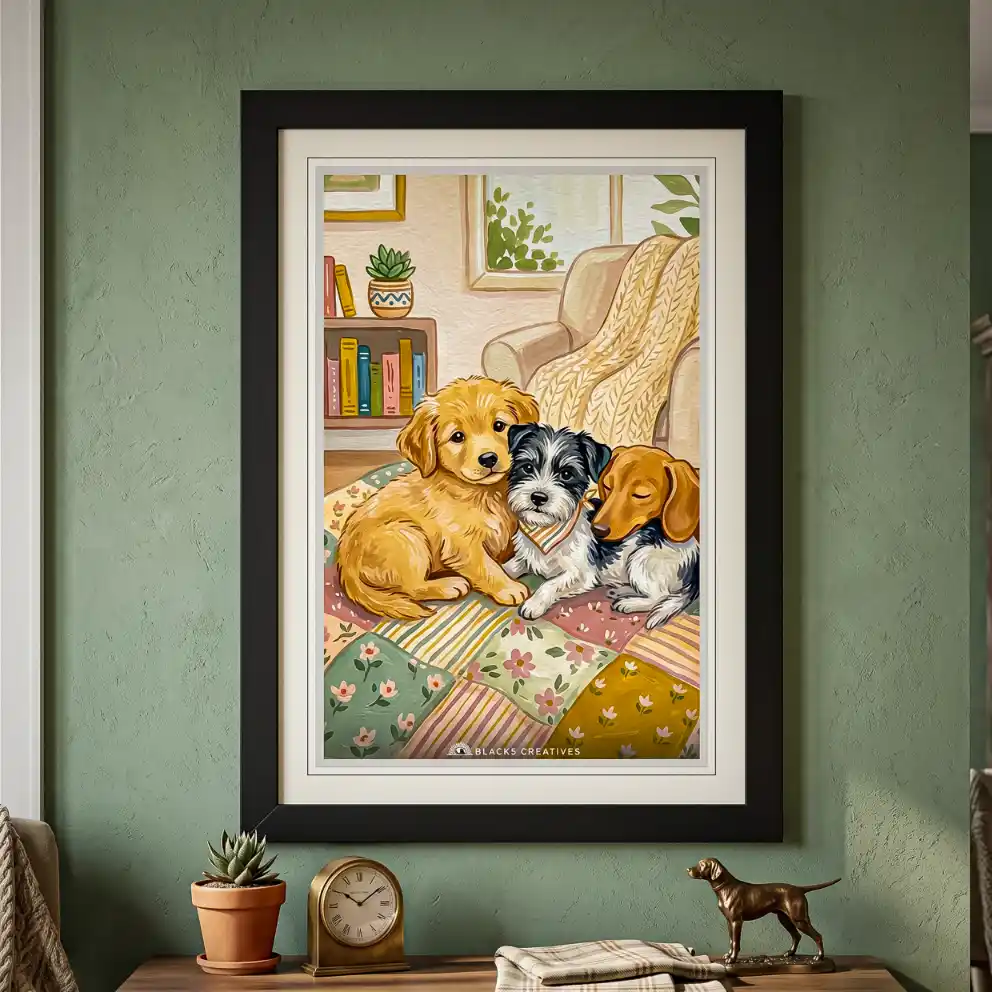 Cozy Puppy Trio Patchwork Quilt Wall Painting Frame 9x13