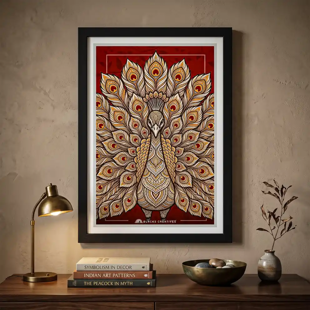 Mandala Peacock Feather Wall Painting With Frame, 9x13 Inch