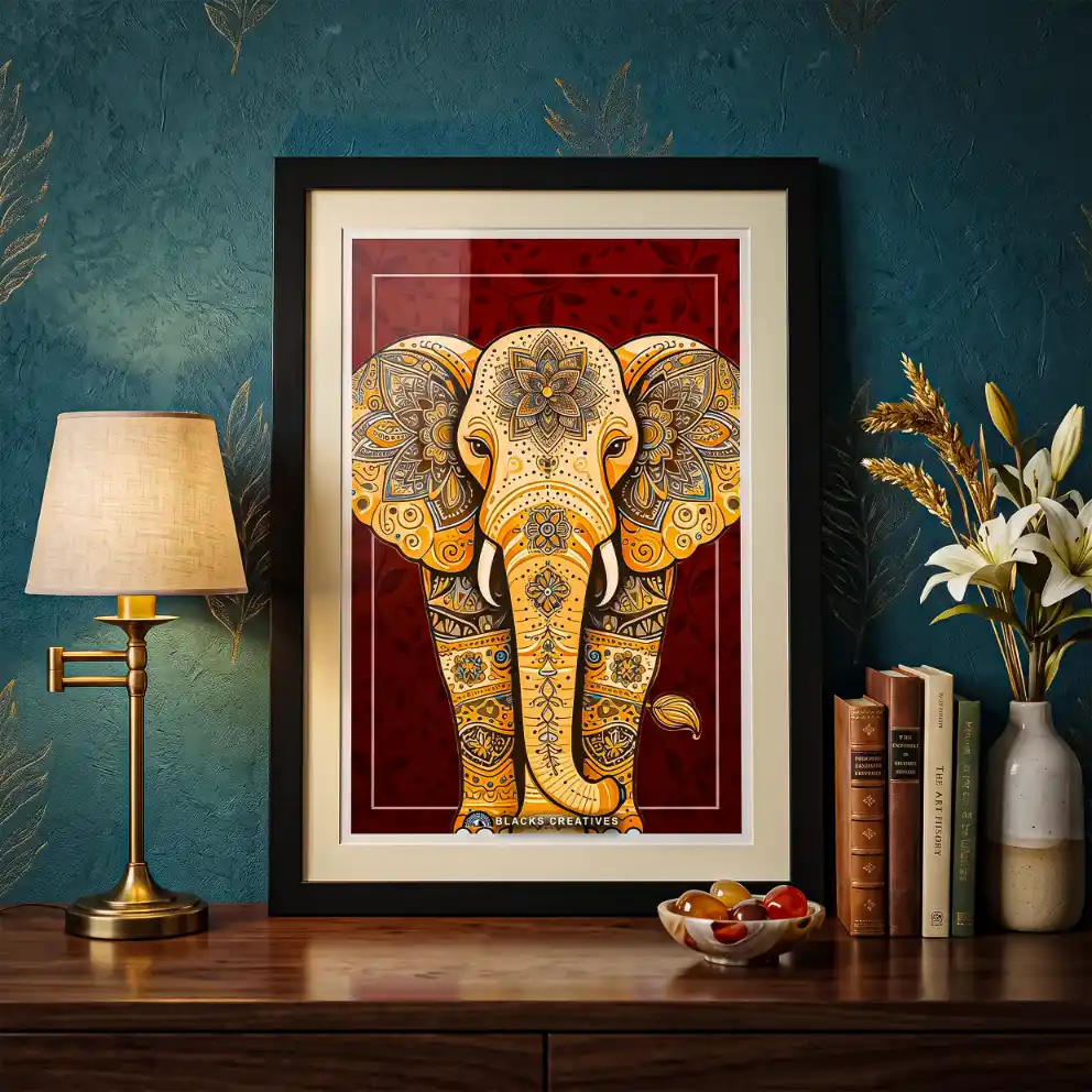 Mandala Elephant Wall Painting With Frame, 9x13 Inch Aesthetic