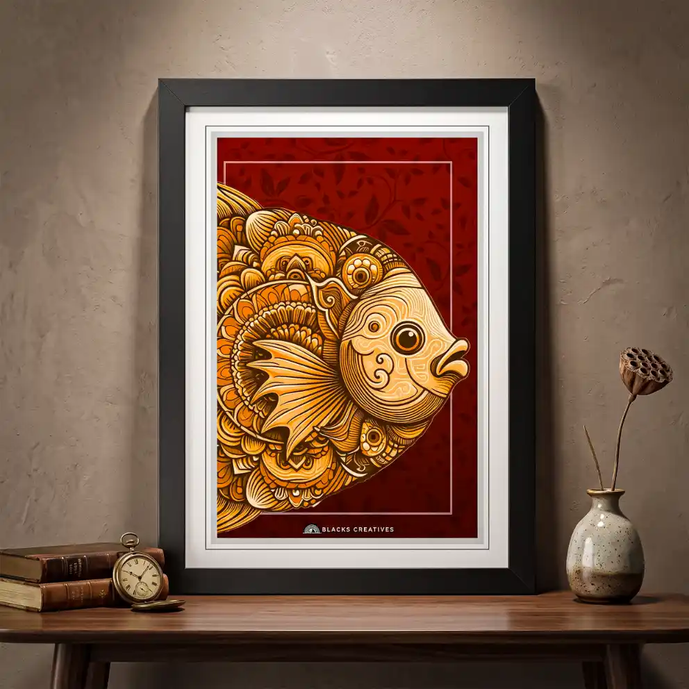 Mandala Fish Wall Painting With Frame, 9x13 Inch Aesthetic