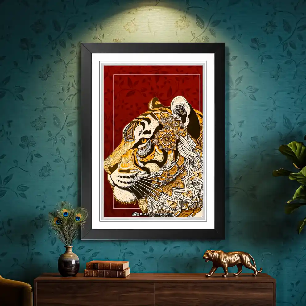 Mandala Tiger Wall Painting With Frame, 9x13 Inch Aesthetic