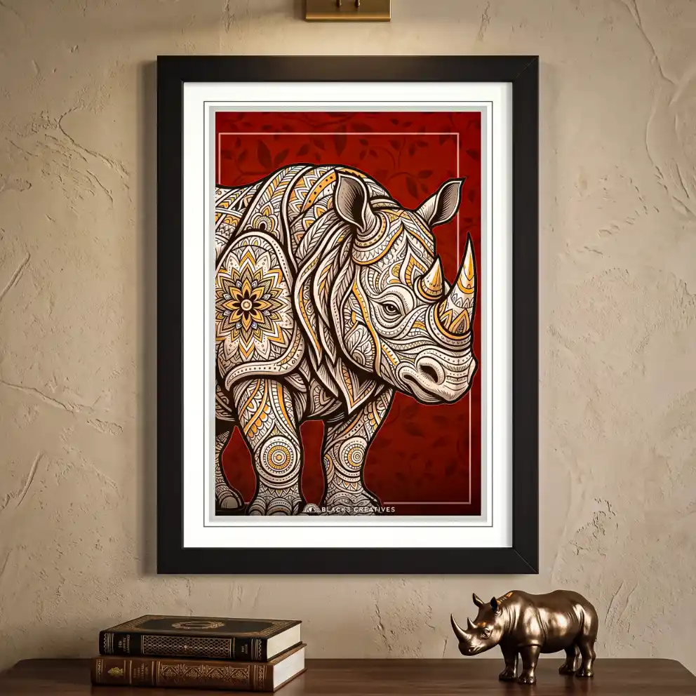 Mandala Rhino Wall Painting With Frame, 9x13 Inch Aesthetic