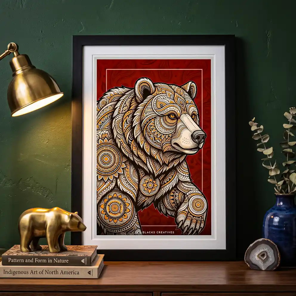 Mandala Bear Wall Painting With Frame, 9x13 Inch Aesthetic