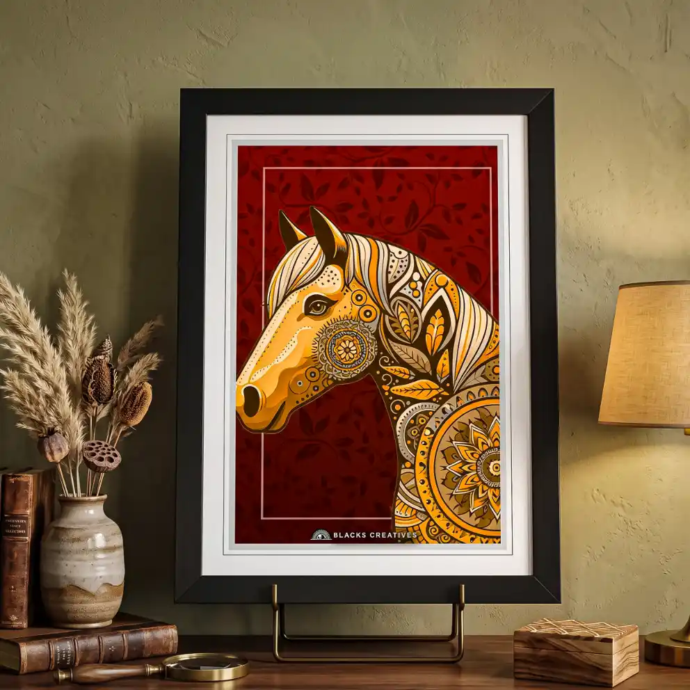 Mandala Horse Wall Painting With Frame, 9x13 Inch Aesthetic